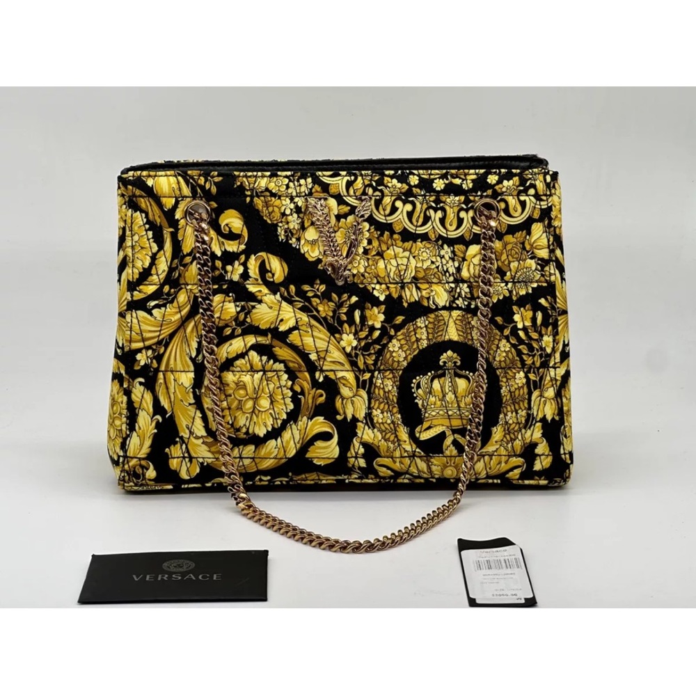 Versace Virtus Barocco Print V Logo Quilted Silk Twill Chain Tote Bag nwt auth